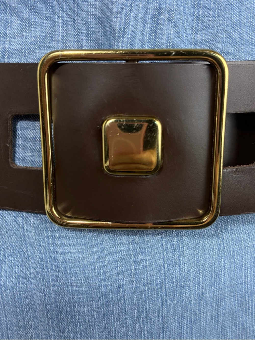 Womens belt wide gold geometric buckle chocolate brown 45” long